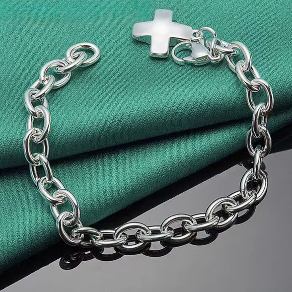 Sterling Silver 925 Smooth Cross Charm and Chain Bracelet #1128 - Picture 9 of 12